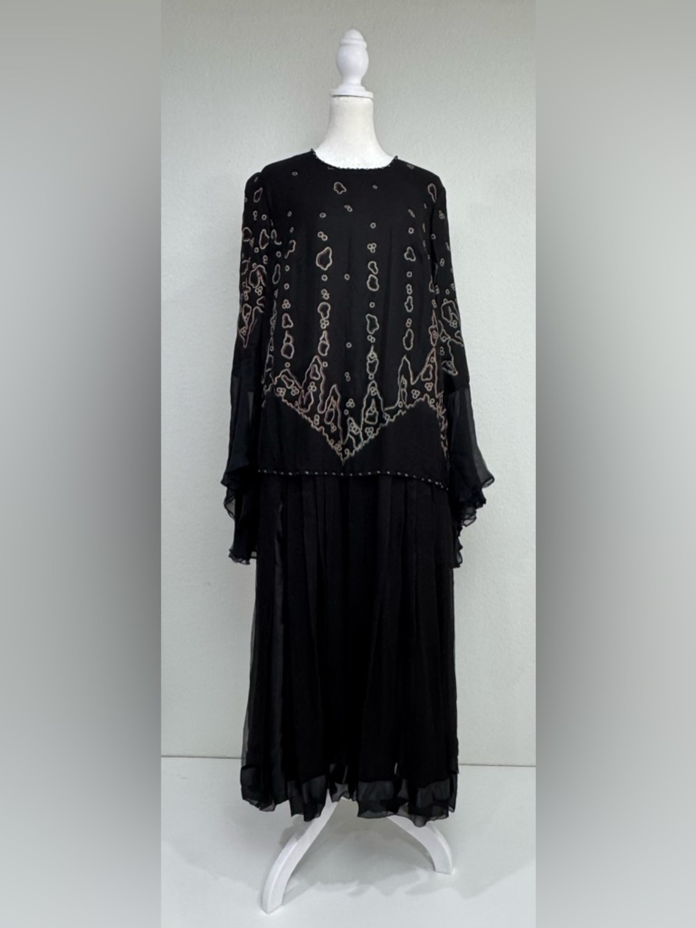 Vintage ZANDRA RHODES Black Silk Layered Flutter Sleeves Beaded Dress Designer